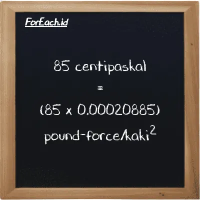 Cara konversi centipaskal ke pound-force/kaki<sup>2</sup> (cPa ke lbf/ft<sup>2</sup>): 85 centipaskal (cPa) setara dengan 85 dikalikan dengan 0.00020885 pound-force/kaki<sup>2</sup> (lbf/ft<sup>2</sup>)